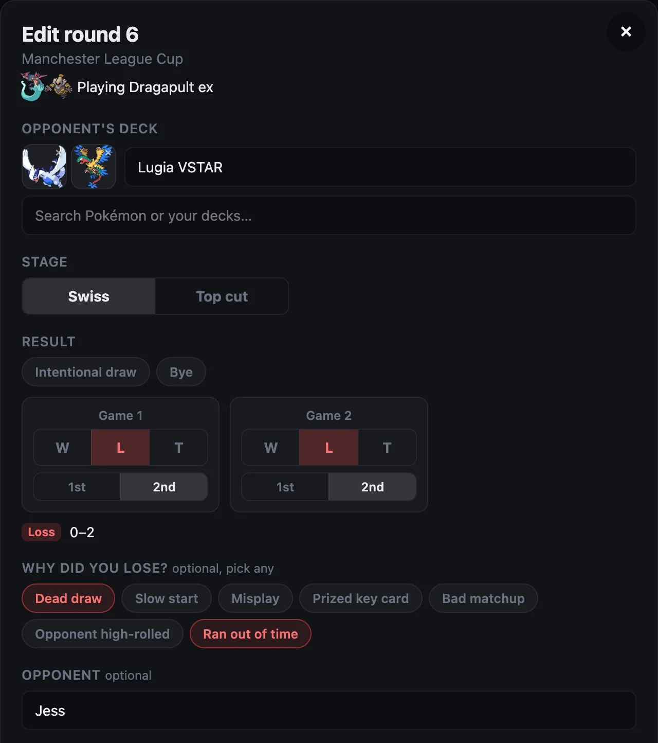 Logging a round: decks picked by Pokémon sprite, W/L/T and 1st/2nd buttons for each game