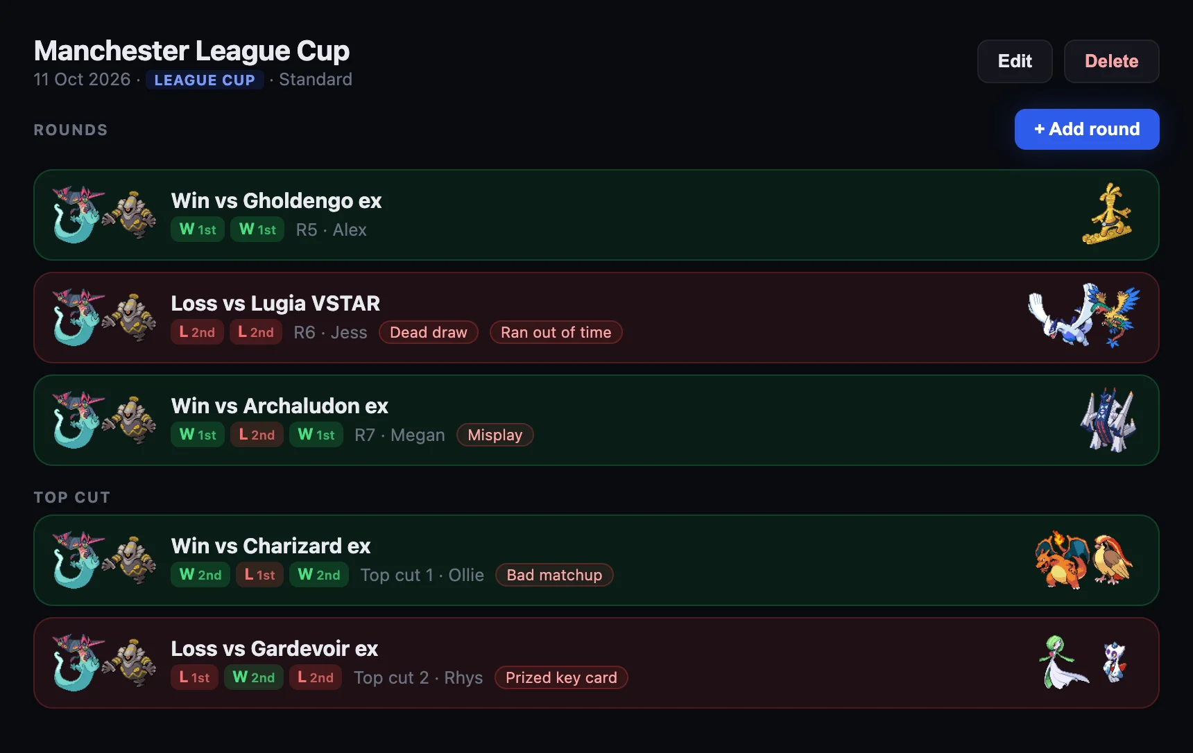A League Cup with its Swiss rounds and top cut, each showing the games, opponent and loss tags